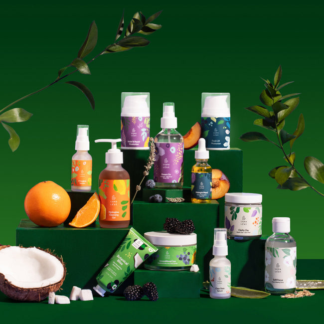 Arranged Luma and Leaf skincare products