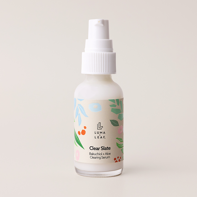 Luma & Leaf Clear Slate serum with bakuchiol and aloe, pump bottle