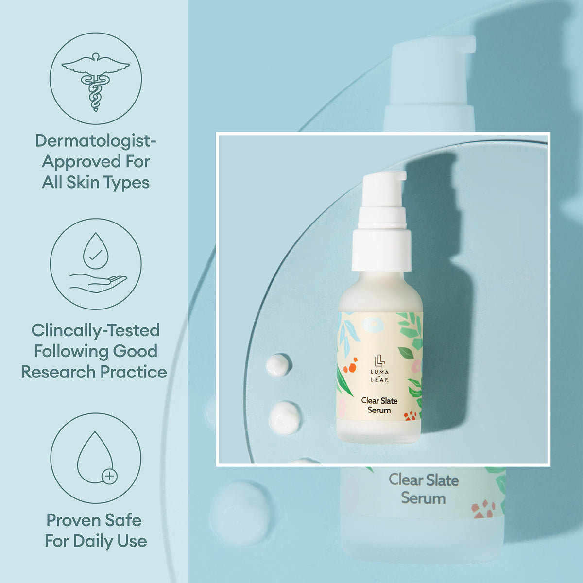 Clear Slate serum for acne and blackheads, ingredient callouts