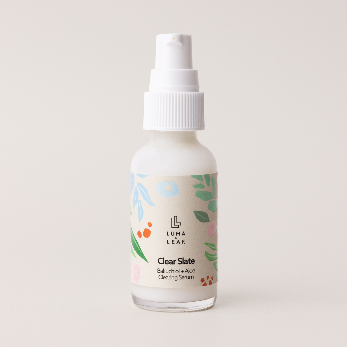 Luma & Leaf Clear Slate bakuchiol serum bottle for acne and clogged pores