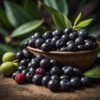 A bowl containing blueberries, raspberries, and olives