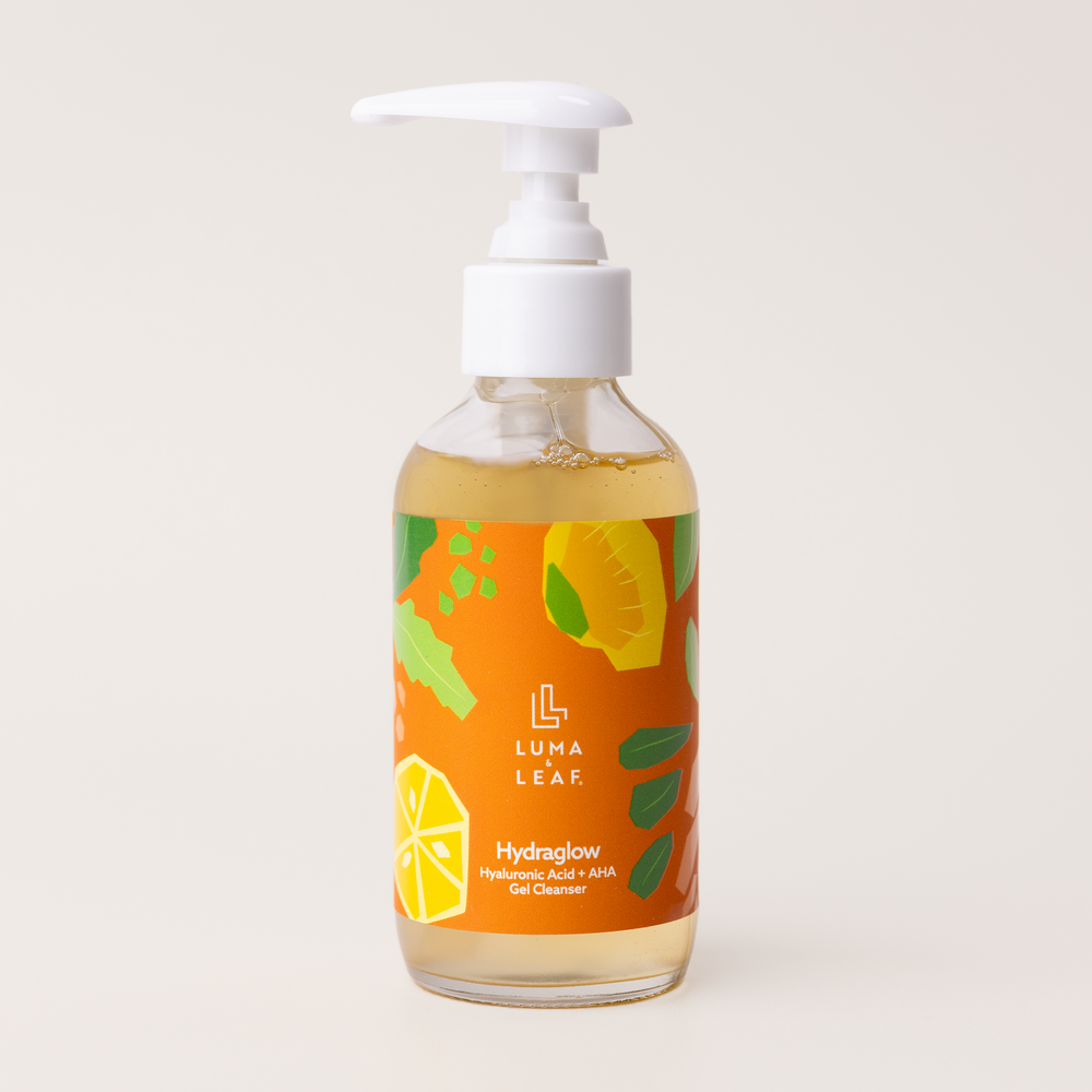 Luma & Leaf Hydraglow gel cleanser bottle, a natural facial cleanser with hyaluronic acid for dull dry skin