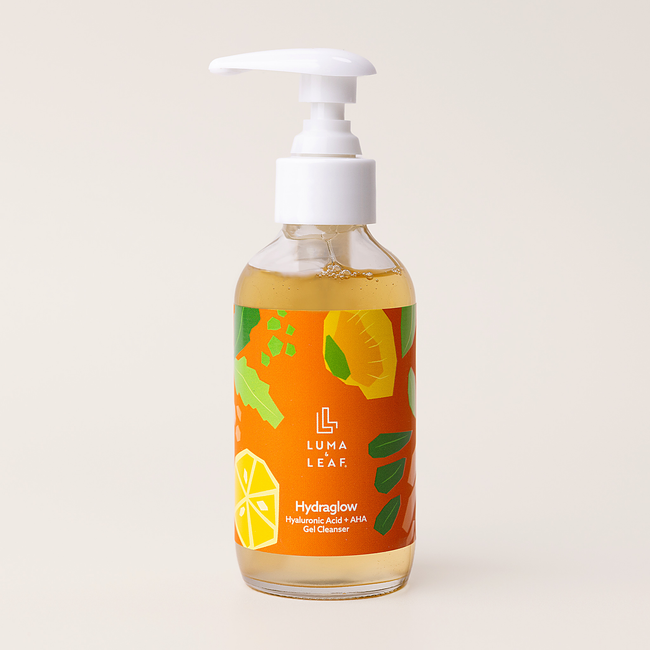Luma & Leaf Hydraglow Gel Cleanser, hyaluronic acid and AHA, pump bottle