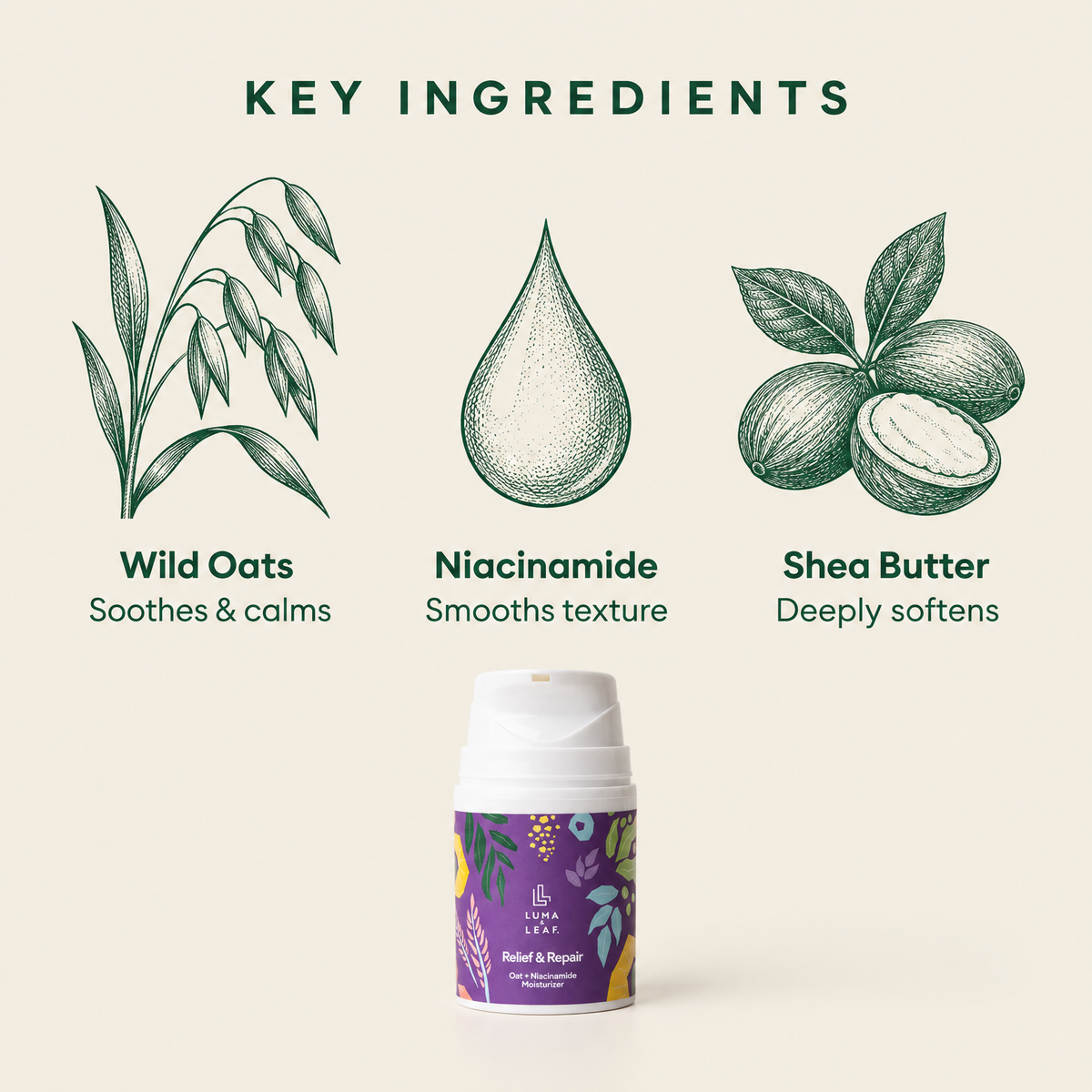 Relief and Repair moisturizer key ingredients: wild oats, niacinamide, shea butter, rosehip seed oil